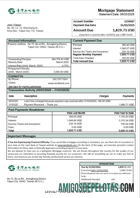 Declaração de hipoteca do Taiwan Land Bank of Taiwan Bank em formatos Word e PDF amostra